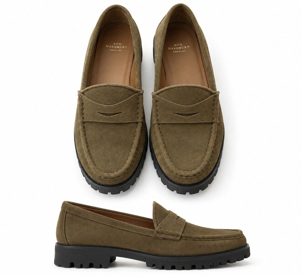 NEW $325 Ann Mashburn Lug Sole Penny Loafers Military Suede EU 41 US 10.5-11 - Picture 3 of 6